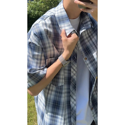 藏青格子短袖衬衫男夏季薄款格纹