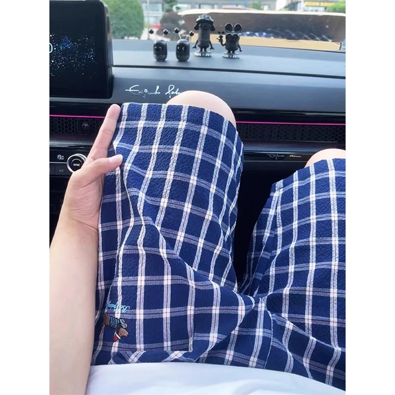 腊肠狗刺绣格子短裤男夏季泡泡纱慵懒松弛感五分裤子户外运动中裤