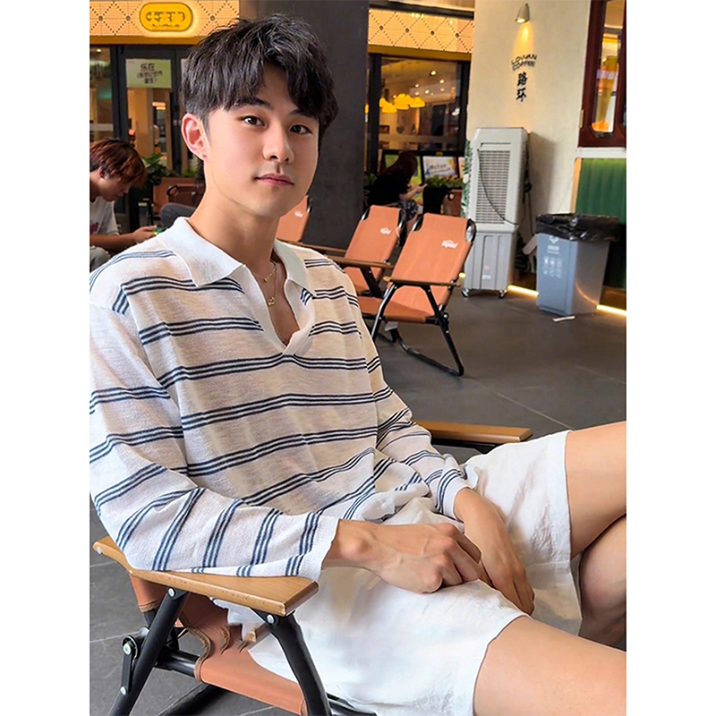 蓝白条纹V领长袖t恤男款夏季薄款