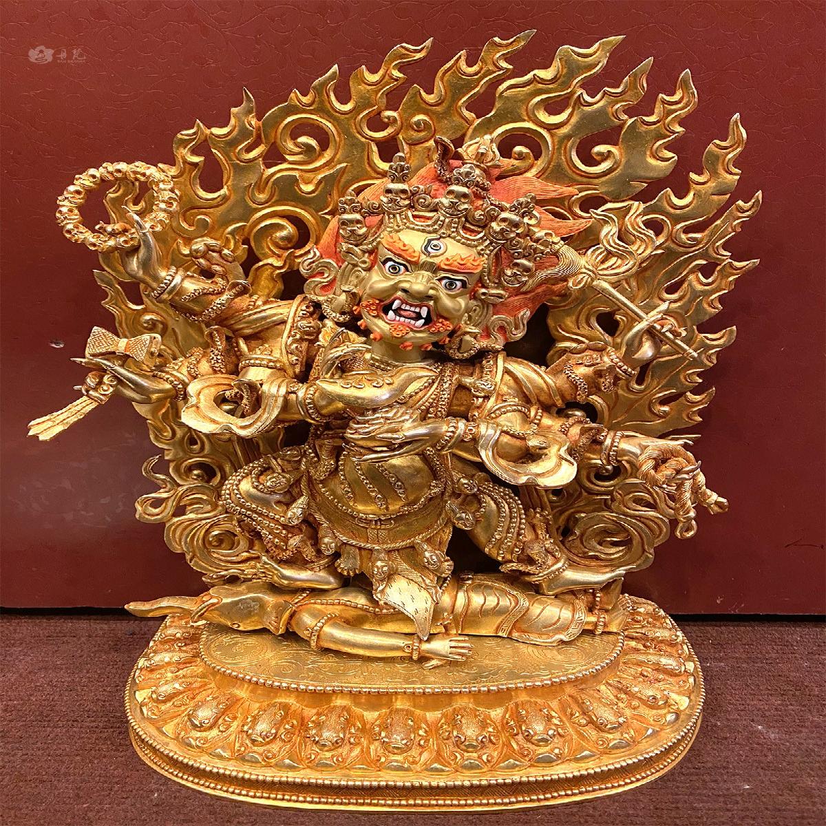 尼泊尔手工精品六臂玛哈嘎拉铜像全鎏金大黑天精雕工艺品家居摆件