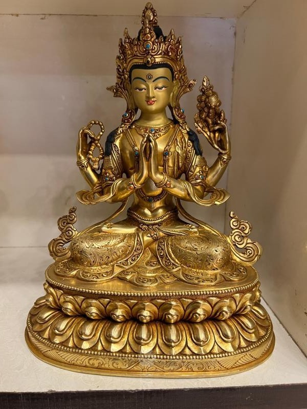 四臂观音 铜雕摆件 全鎏金大师作品工艺品尼泊尔纯铜手工7寸 23cm