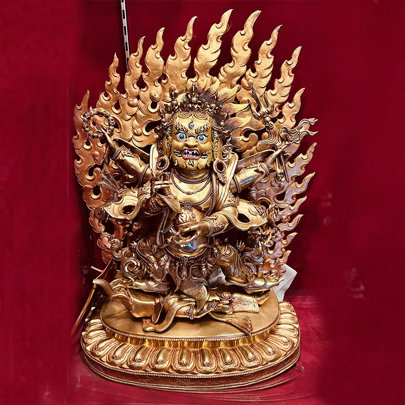 尼泊尔六臂玛哈嘎拉66cm全鎏金大黑天护法摆件释迦族手工铜雕艺术
