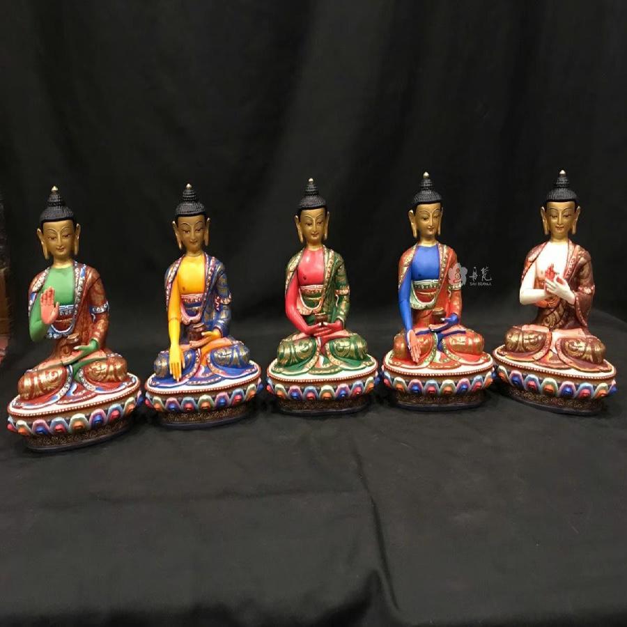 尼泊尔纯铜五方佛雕塑 彩绘精品精雕细琢桌面摆件21cm 7寸铜雕