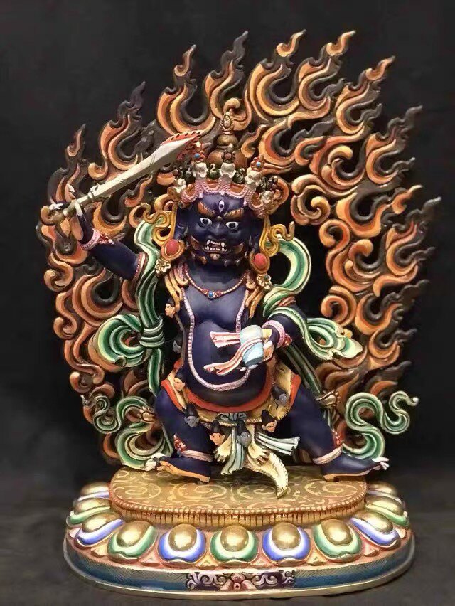 尼泊尔黑文殊33cm纯铜彩绘手工雕像 文殊菩萨铜像摆件  精品雕工