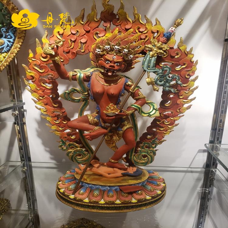 尼泊尔释迦族精品狮面空行母面佛母雕像彩绘39cm西藏古代铜雕