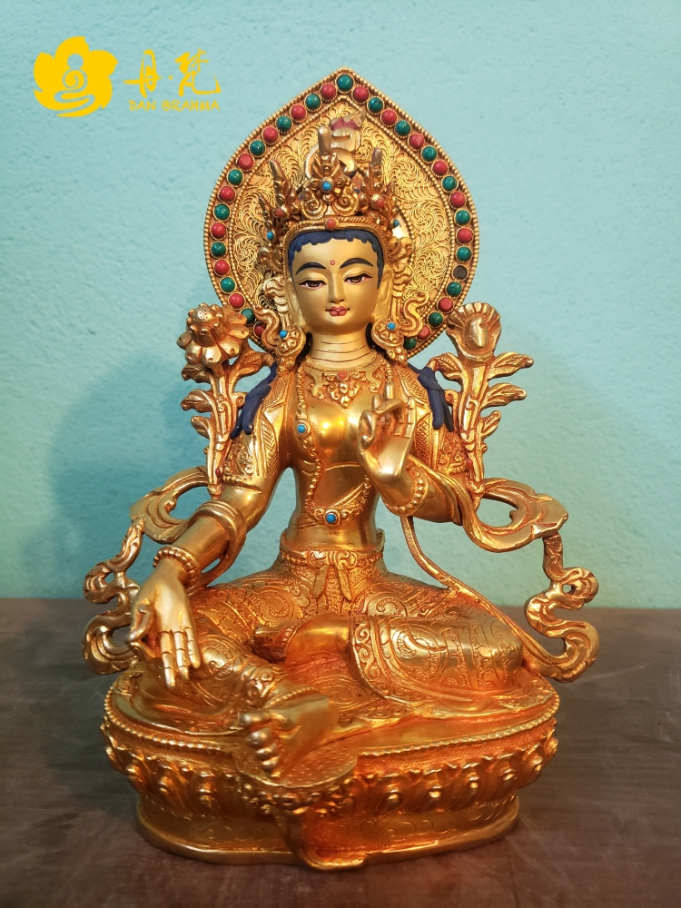 全鎏金掐丝背光绿度母菩萨雕像卓玛铜佛高23cm雕像西藏古代铜雕