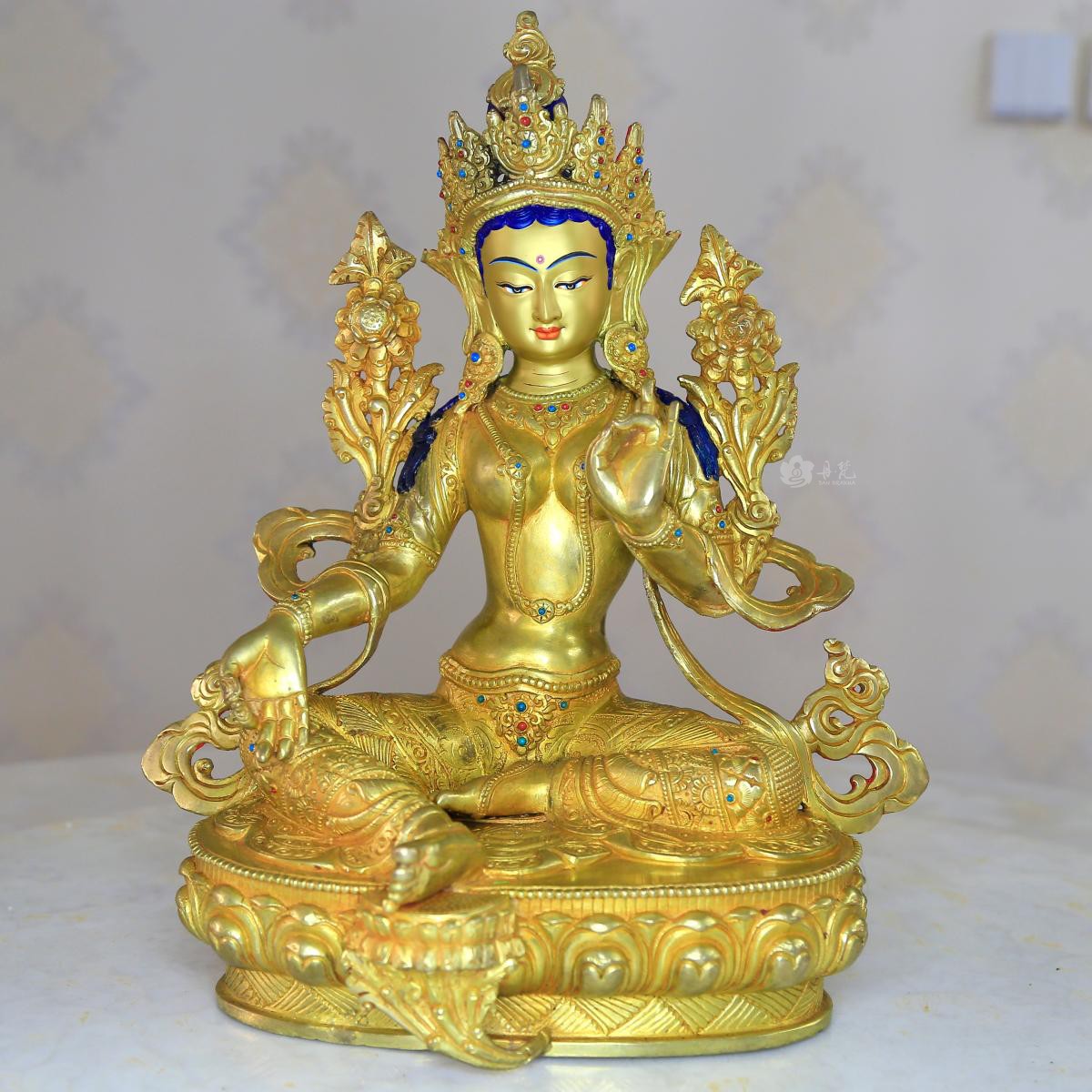 尼泊尔精品绿度母全鎏金雕花铜雕雕塑一尺33cm绿卓玛 TARA STATUE