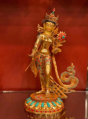 白度母站立像尼泊尔精品全鎏金镶嵌宝石白卓玛铜雕高度41cm