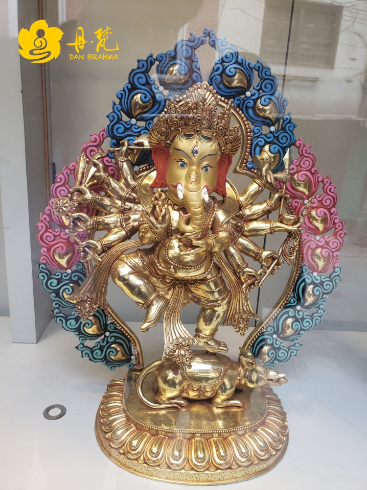 尼泊尔全鎏金彩绘精品象鼻财神雕像象王鼻头高50cm西藏古代铜雕