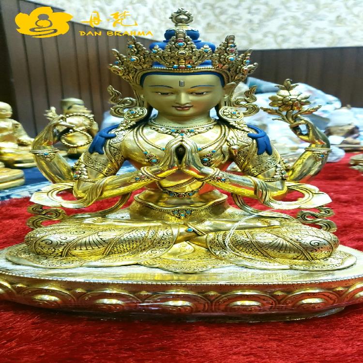 四臂观音雕像尼泊尔全鎏金释迦族精品一尺五铜雕摆件密宗铜佛45cm
