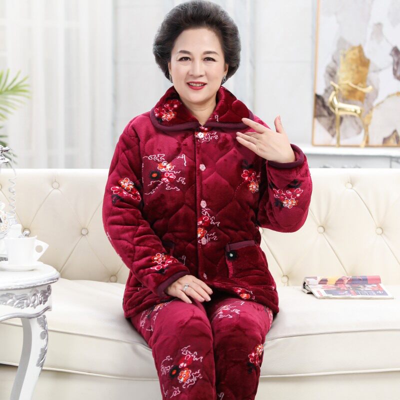 冬季女士三层加厚夹棉袄睡衣中老年女款法兰珊瑚绒夹棉家居服套装