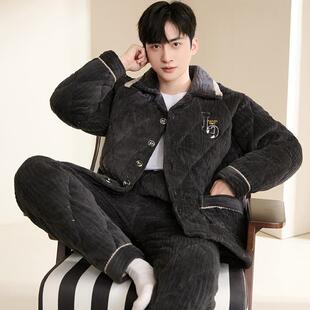 睡衣男士冬季加绒加厚三层夹棉秋冬天牛奶绒家居服珊瑚绒棉袄套装