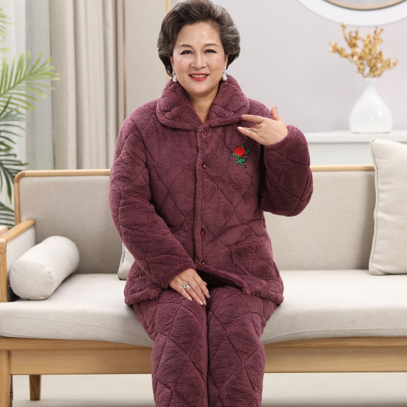 冬季女士三层加厚夹棉袄睡衣中老年女款法兰珊瑚绒夹棉家居服套装