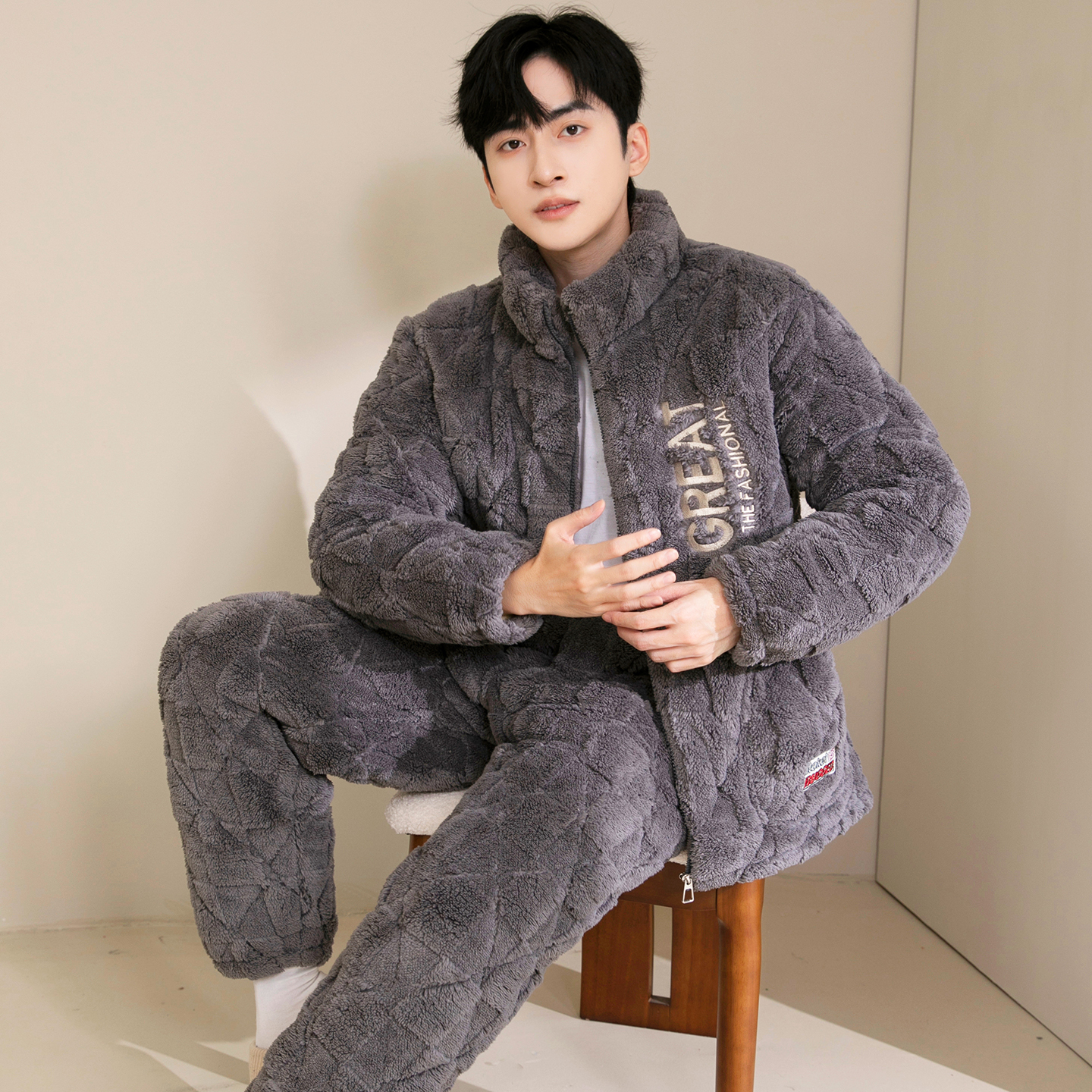 冬季男士三层加厚夹棉拉链套装