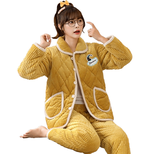 冬季三层加厚女士法兰绒夹棉睡衣中长款韩版珊瑚绒棉袄家居服套装