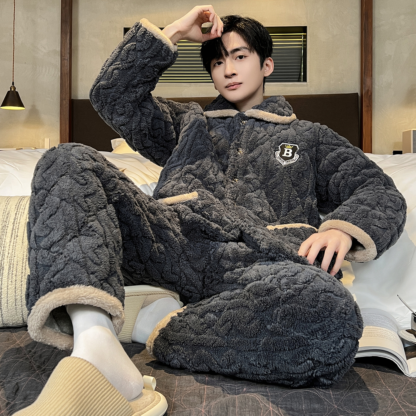 冬款家居服三层加厚男款套装棉袄