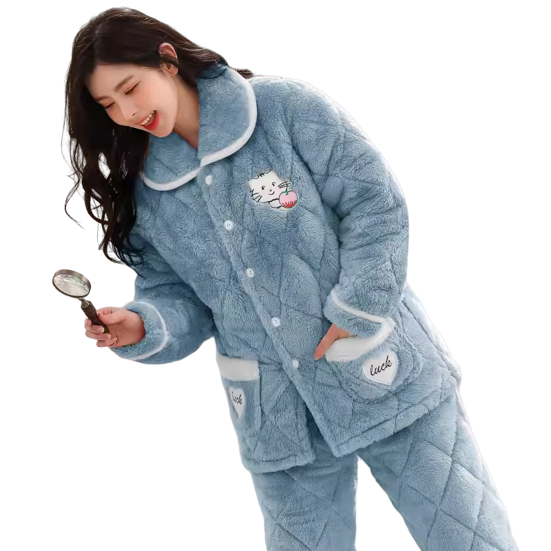 睡衣女士冬季三层加厚长毛绒保暖夹棉袄珊瑚法兰绒冬季家居服棉袄