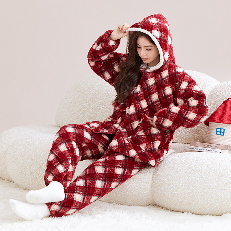 睡衣女冬加厚加绒三层夹棉法兰绒宽松大码可外穿家居服舒棉绒套装