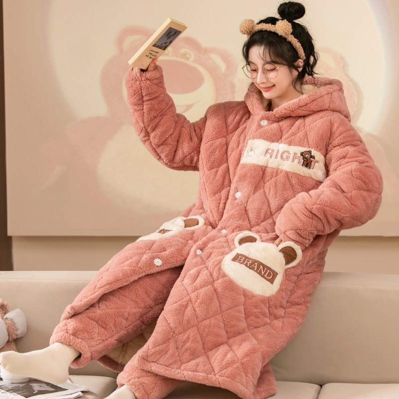 女秋冬季三层夹棉袄套装法兰绒珊瑚绒睡袍加厚加绒长款睡衣家居服