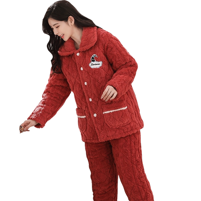 秋冬季中老年人法兰绒夹棉家居服