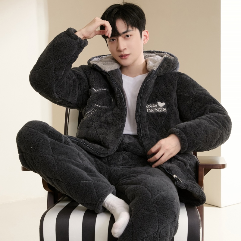 三层夹棉袄连帽拉链男士加绒加厚