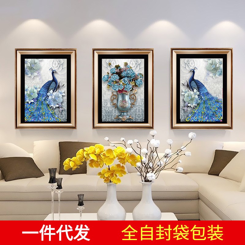 速发201新款孔D画手绘大雀三联画客厅卧室5幅点贴钻绣