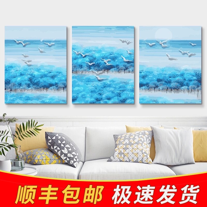 速发手厚实木内框数字色画卧室三拼三联装饰画加工填油画飞向远方