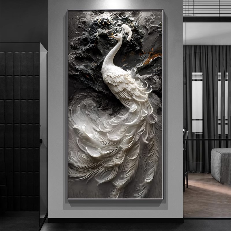 速发高级感浮雕立体肌理画孔雀挂画入户进门玄关装饰画走廊过道墙图片