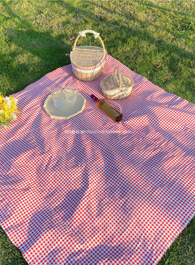 速发红色格子 野餐布桌餐地摊布麻棉 材质风野餐拍照茶几布 野布