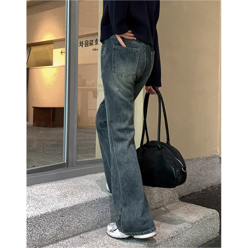 速发忠犬小八梨形自制美式复古蓝色微喇牛仔裤早秋小个子裤子