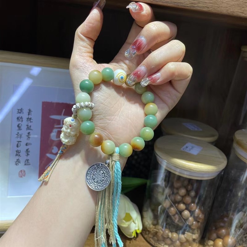 速发新款 青芒菩提根单圈手链 搭配根付星月跑环 度母八卦牌 CF11
