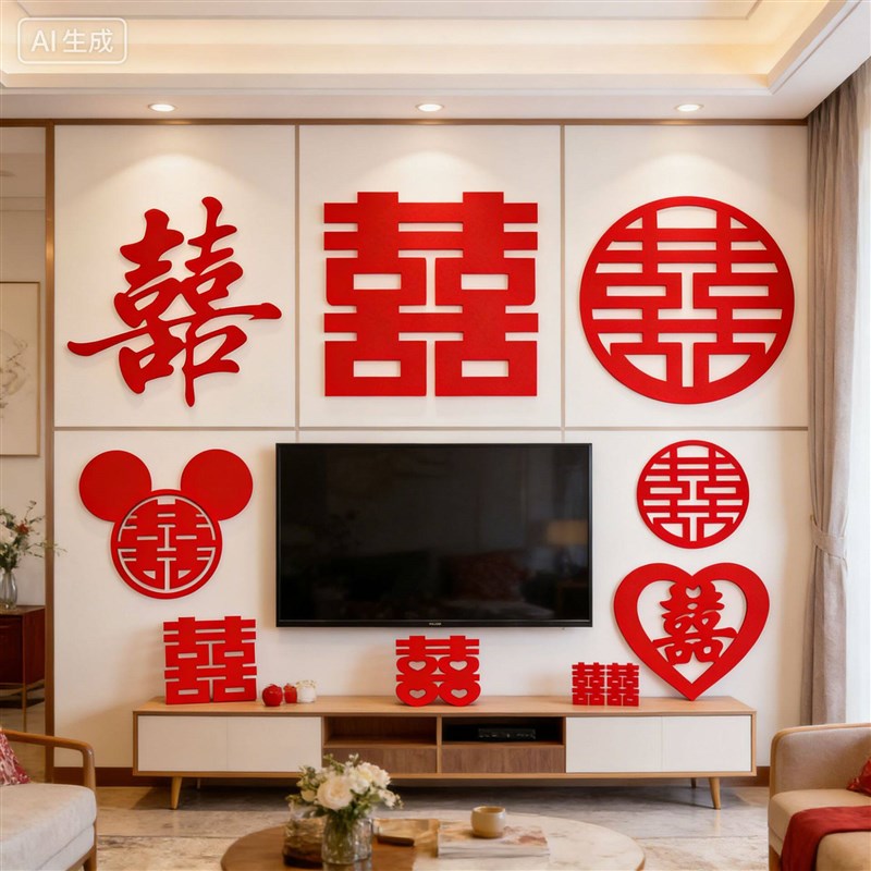 速发结婚植绒布喜字装饰囍字门贴无纺布喜子大红圆形喜贴婚房布置