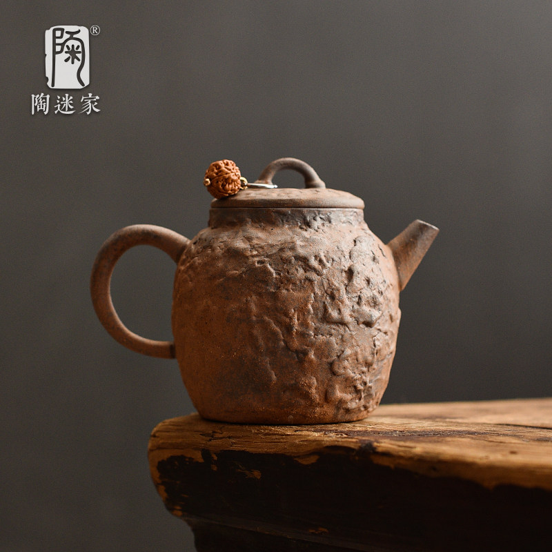 速发石迷仿泥壁茶壶老岩陶陶瓷壶手工不规则雕刻茶具复古粗陶小容