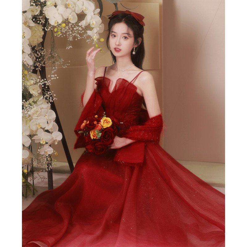 速发敬酒服新娘红色结婚2气25新款吊带高级感0大订婚晚礼服纱裙夏