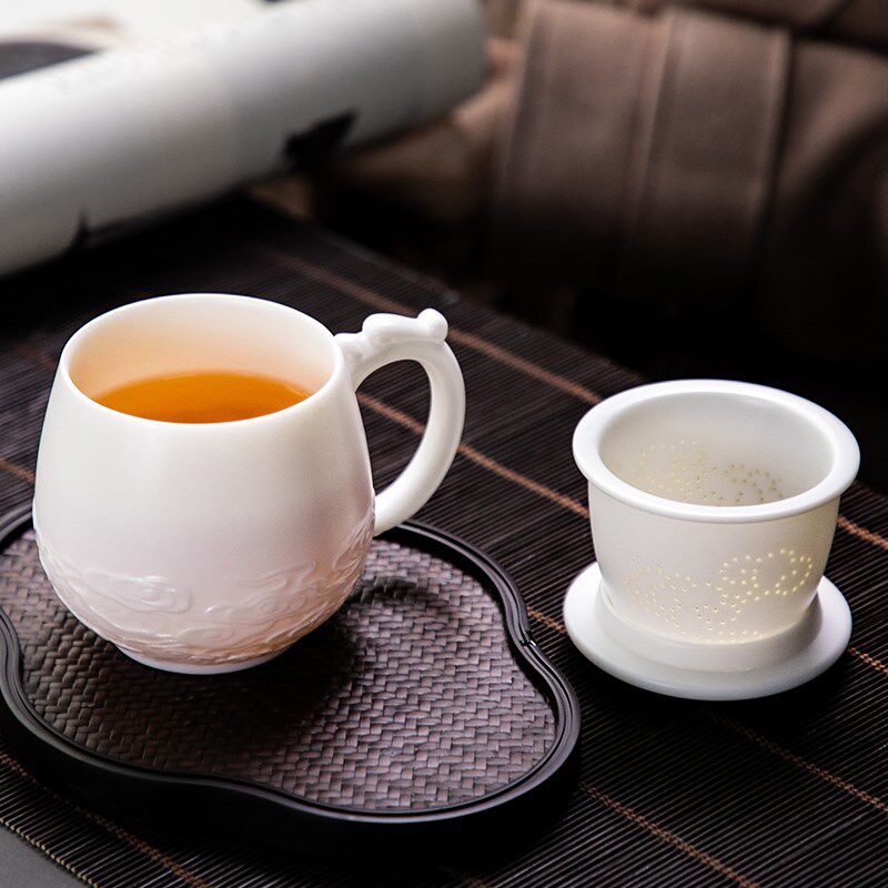 速发德化白瓷茶杯羊脂玉个人杯会议杯家用饮水杯过滤带盖10148Z