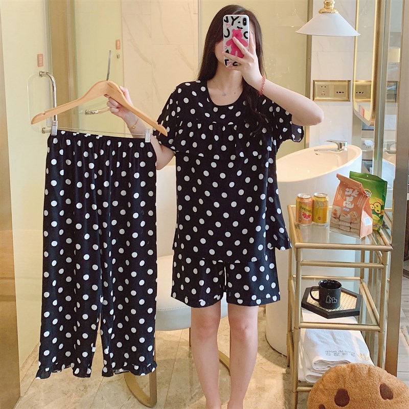 速发超火防凸点三件套棉绸睡衣夏薄款家居服人造棉妈妈套装