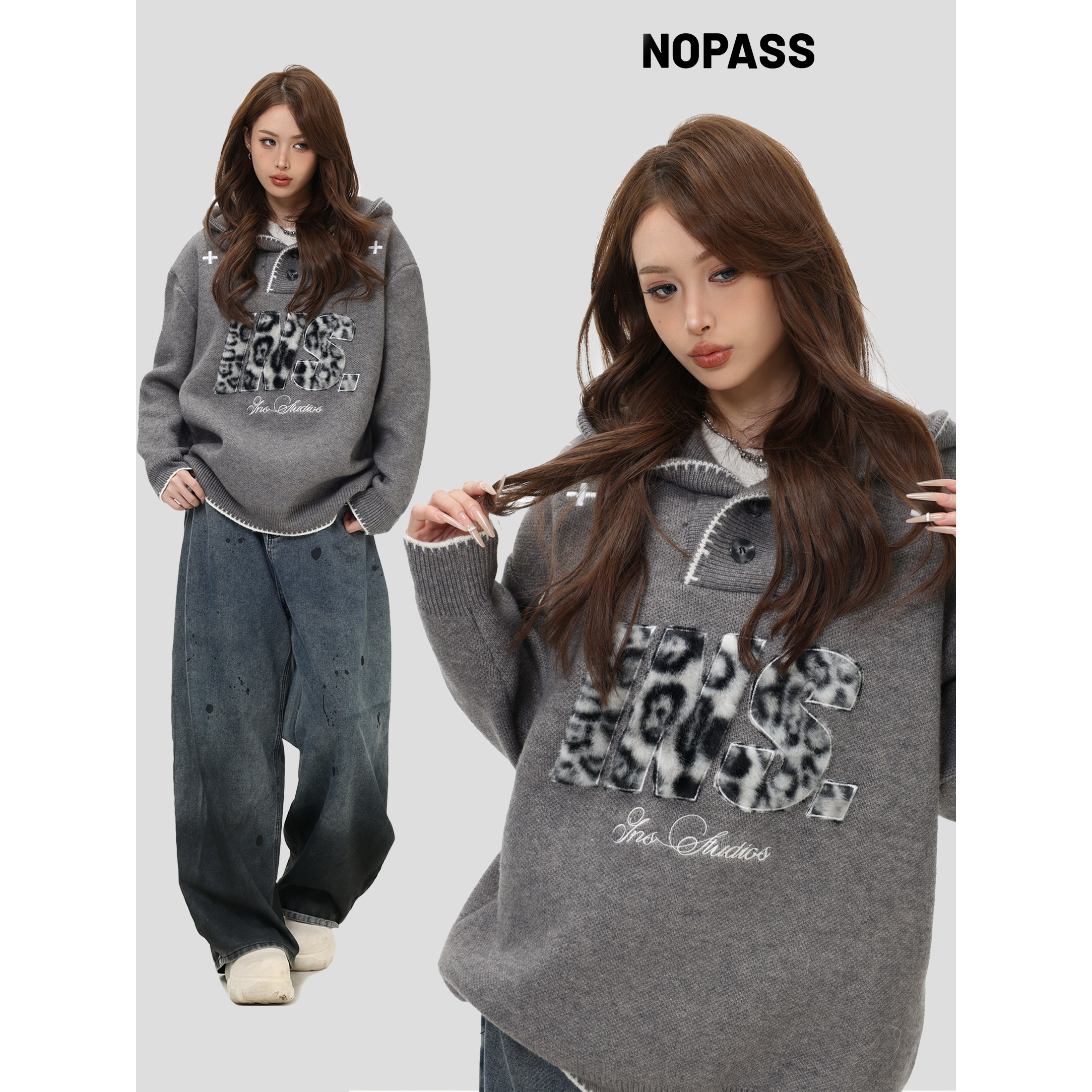 NOPASS豹纹贴布绣连帽毛衣