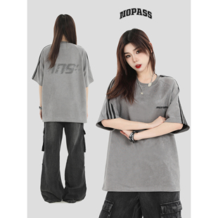 宽松休闲三条杠圆领T恤 条纹麂皮绒短袖 NOPASS 国潮牌情侣原创美式
