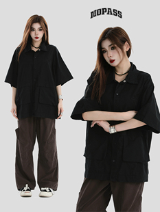 大口袋短袖 NOPASS 衬衫 小字母刺绣工装 衬衣女 国潮牌情侣原创美式
