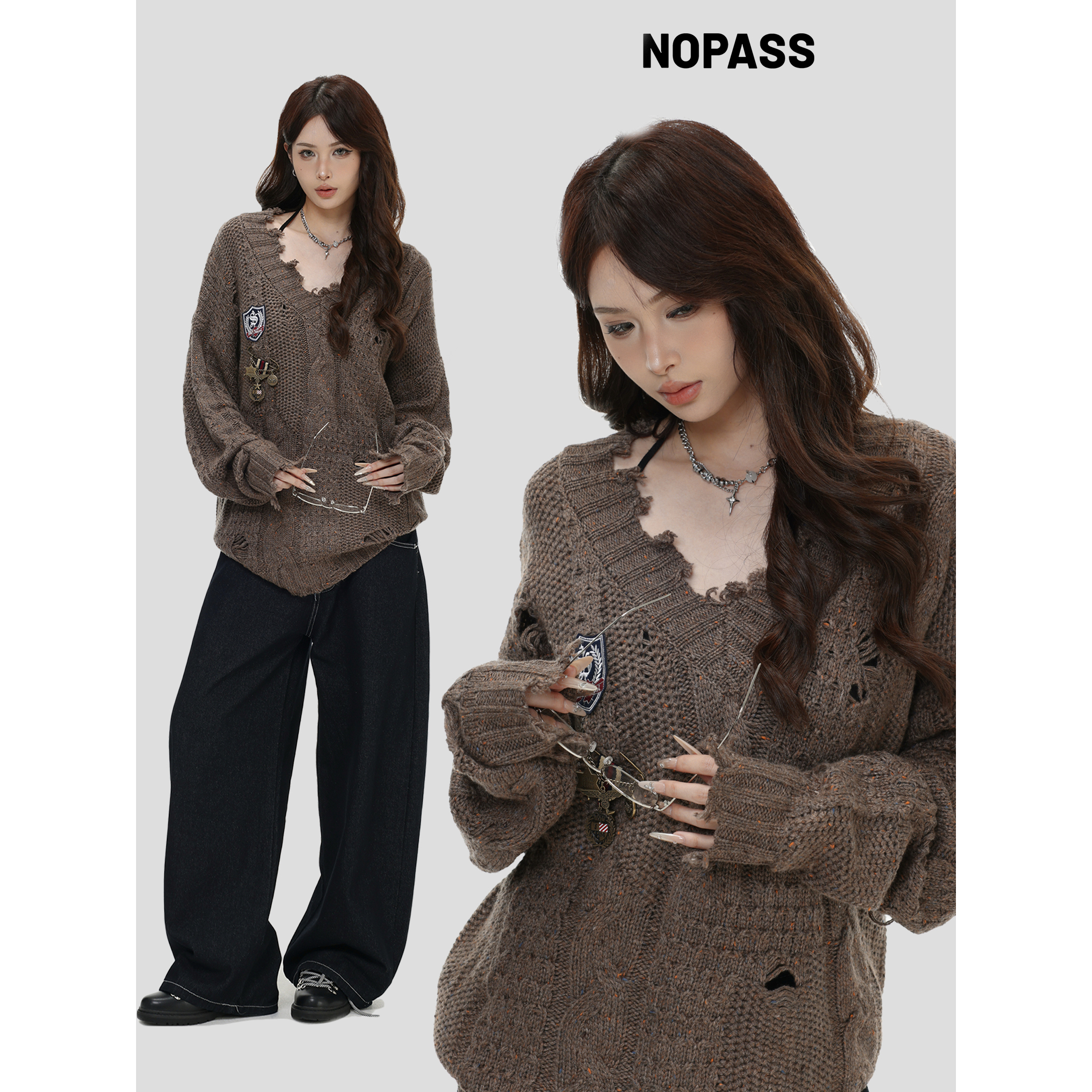 NOPASS不规则破坏徽章毛衣