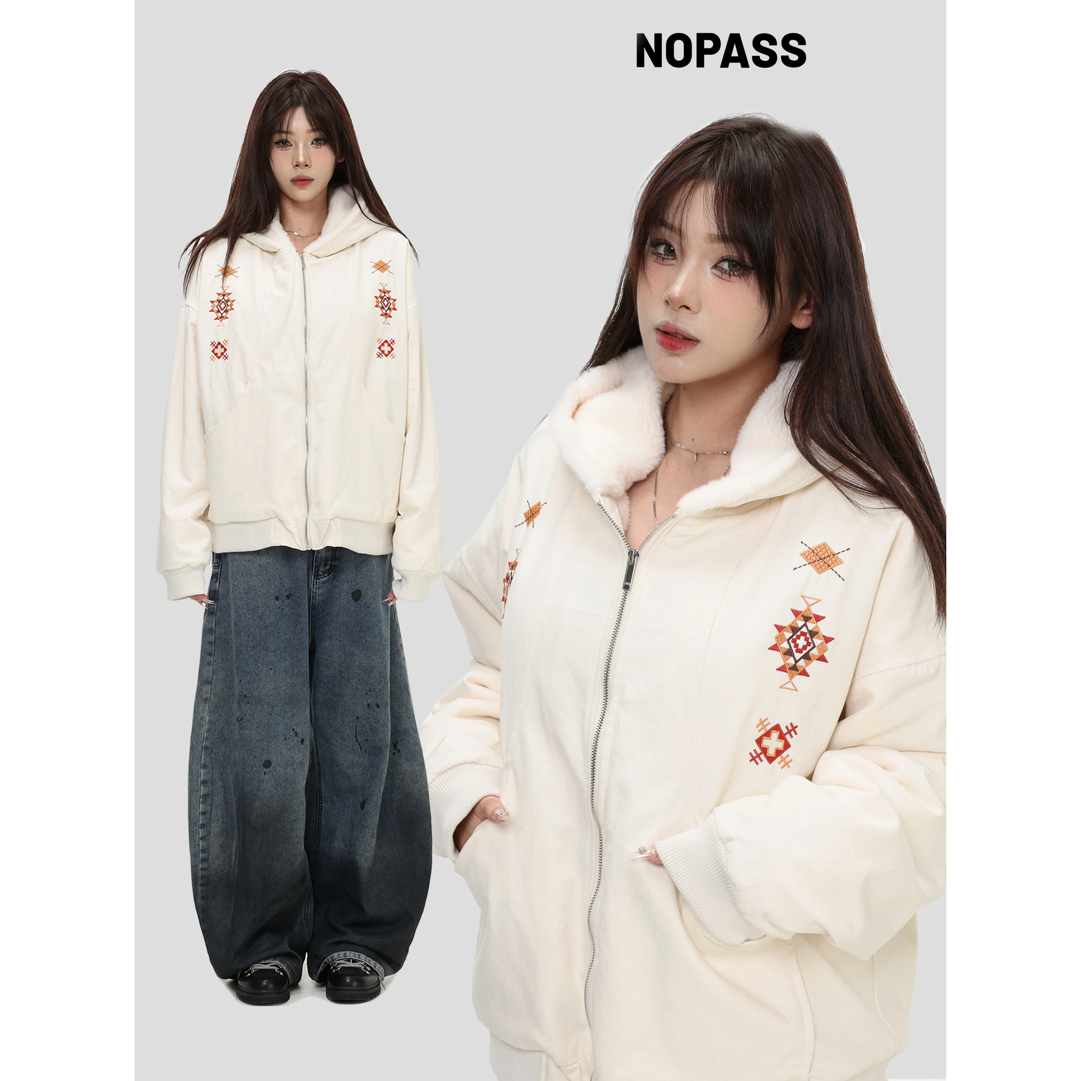 NOPASS几何刺绣座山雕棉服