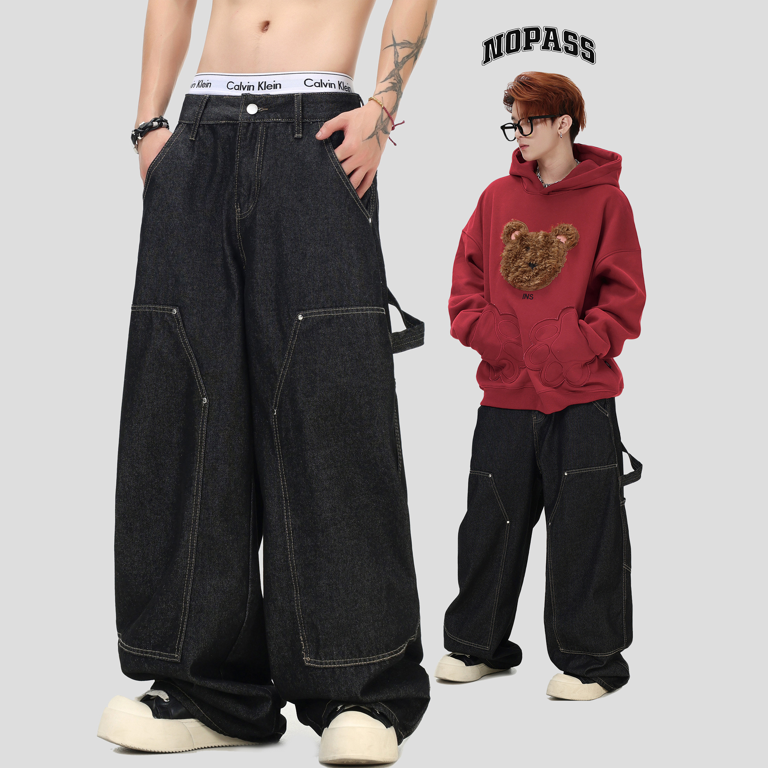 NOPASS铆钉贴布弯刀牛仔裤