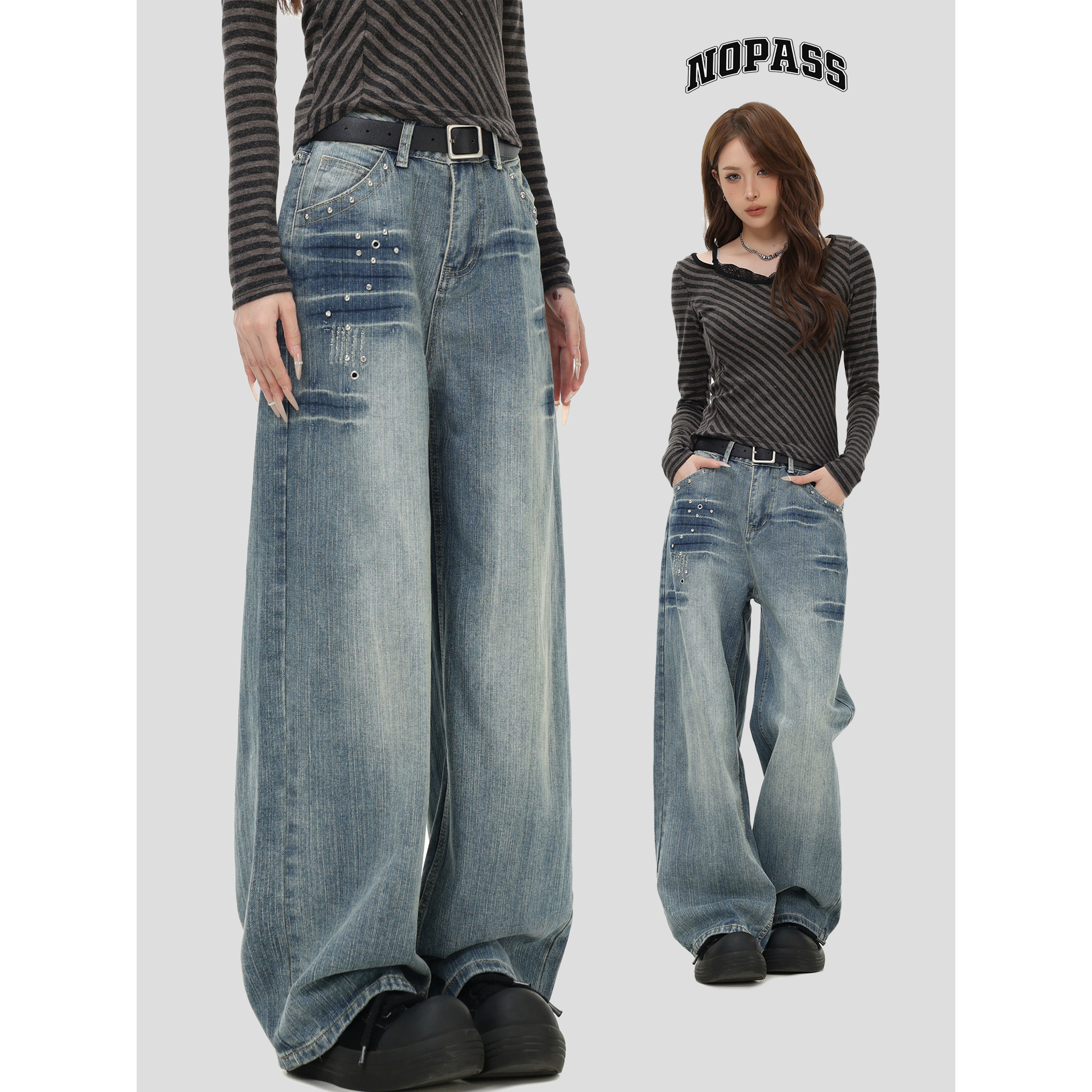 NOPASS折痕铆钉渐变牛仔裤