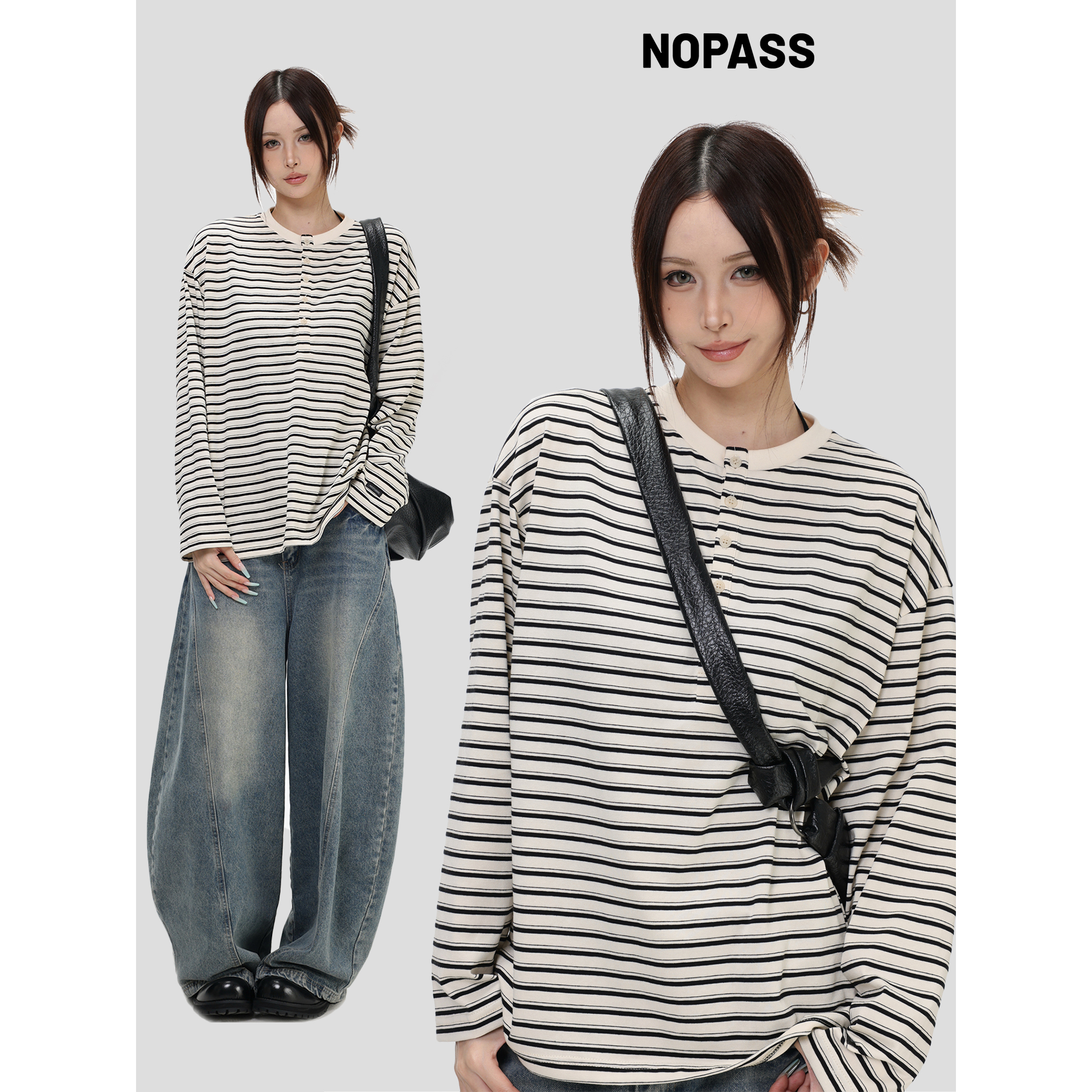 NOPASS「经典条纹亨利领长袖」