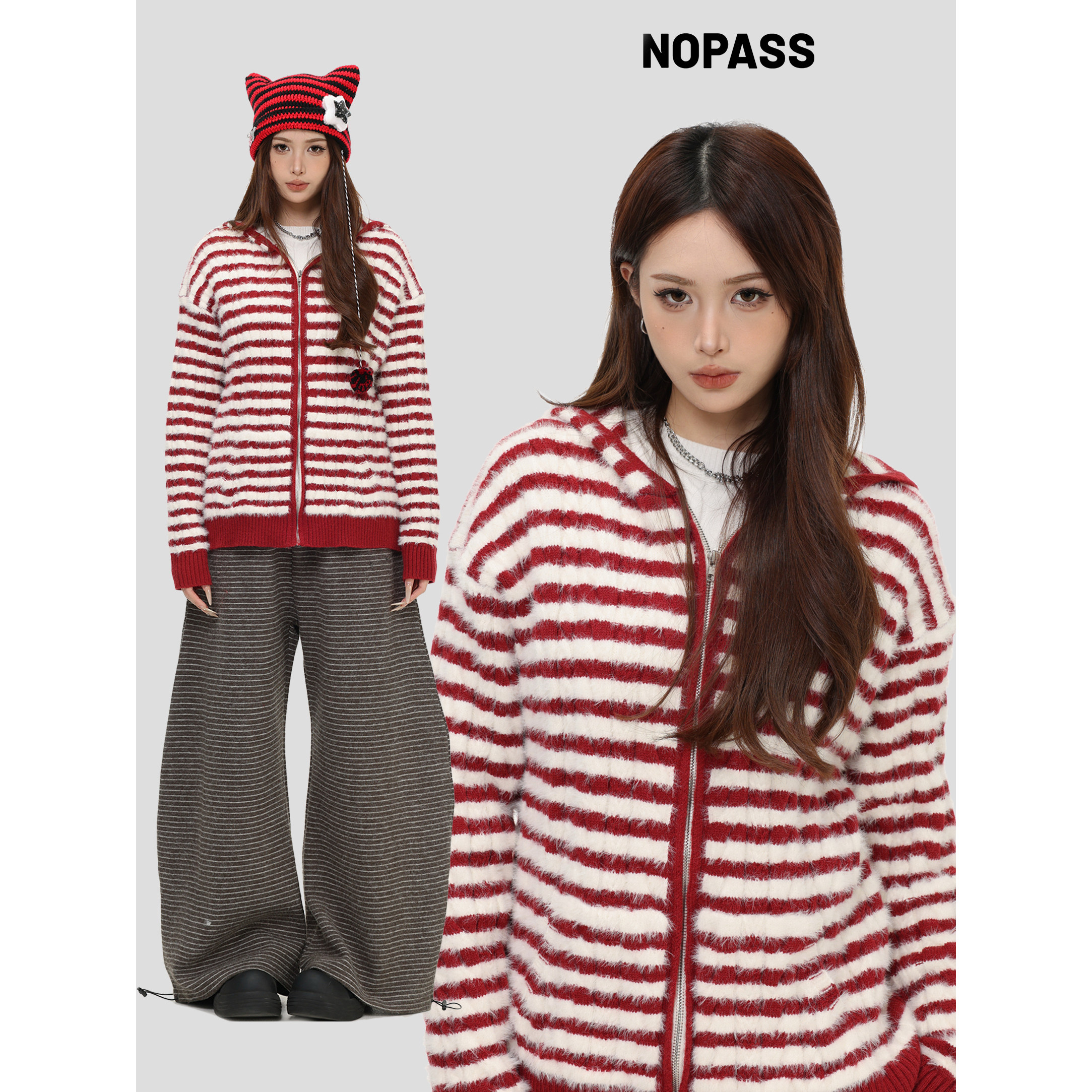 NOPASS绞花条纹连帽毛衣