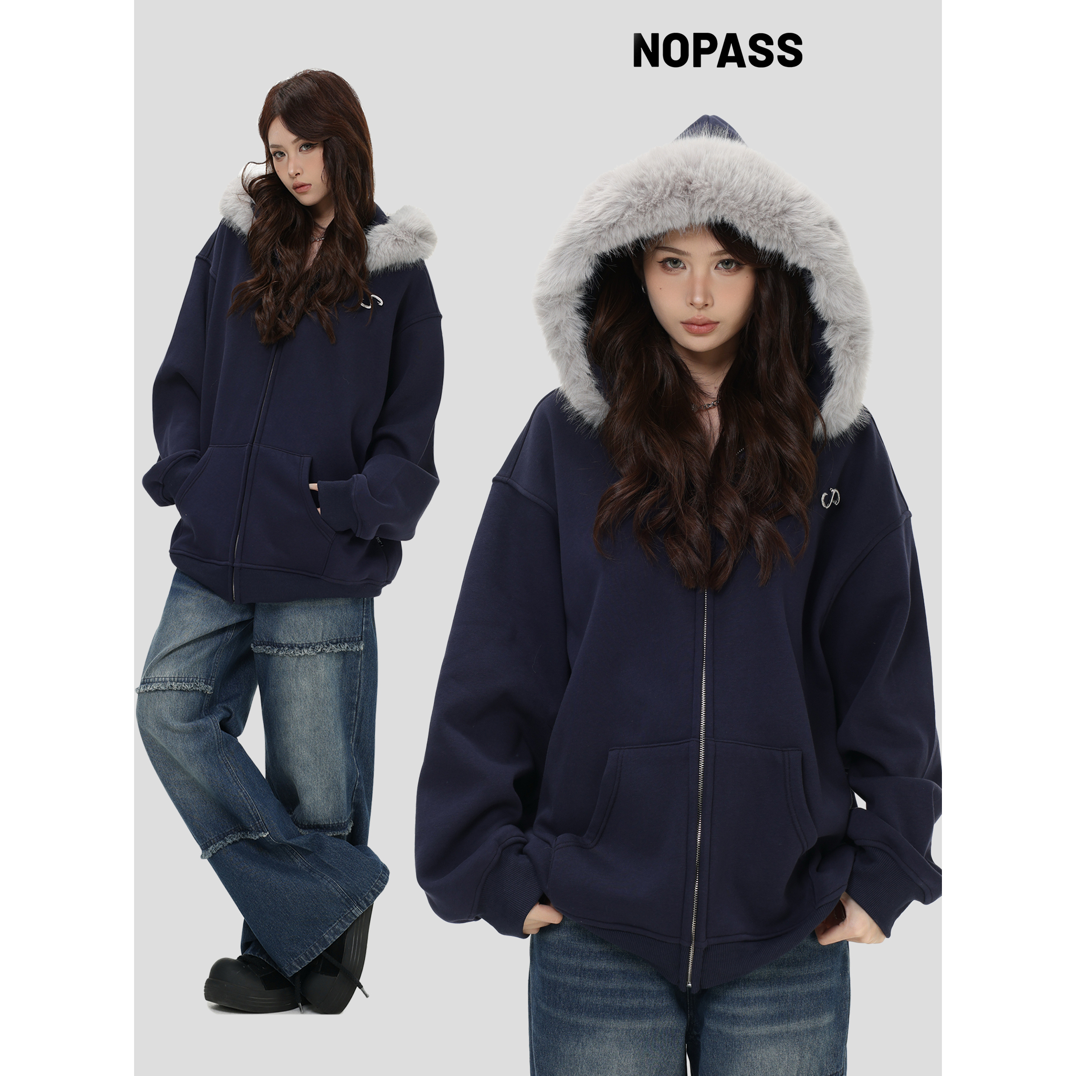 NOPASS别针LOGO毛领开衫卫衣