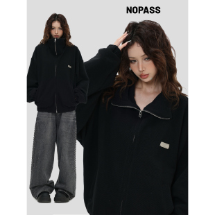 NOPASS 「褶皱肌理感高领夹克」宽松休闲拉链外套女 国潮原创美式