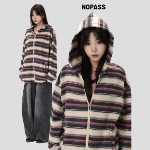 宽松开衫 「撞色条纹磨毛连帽卫衣」春季 外套 国潮原创美式 NOPASS