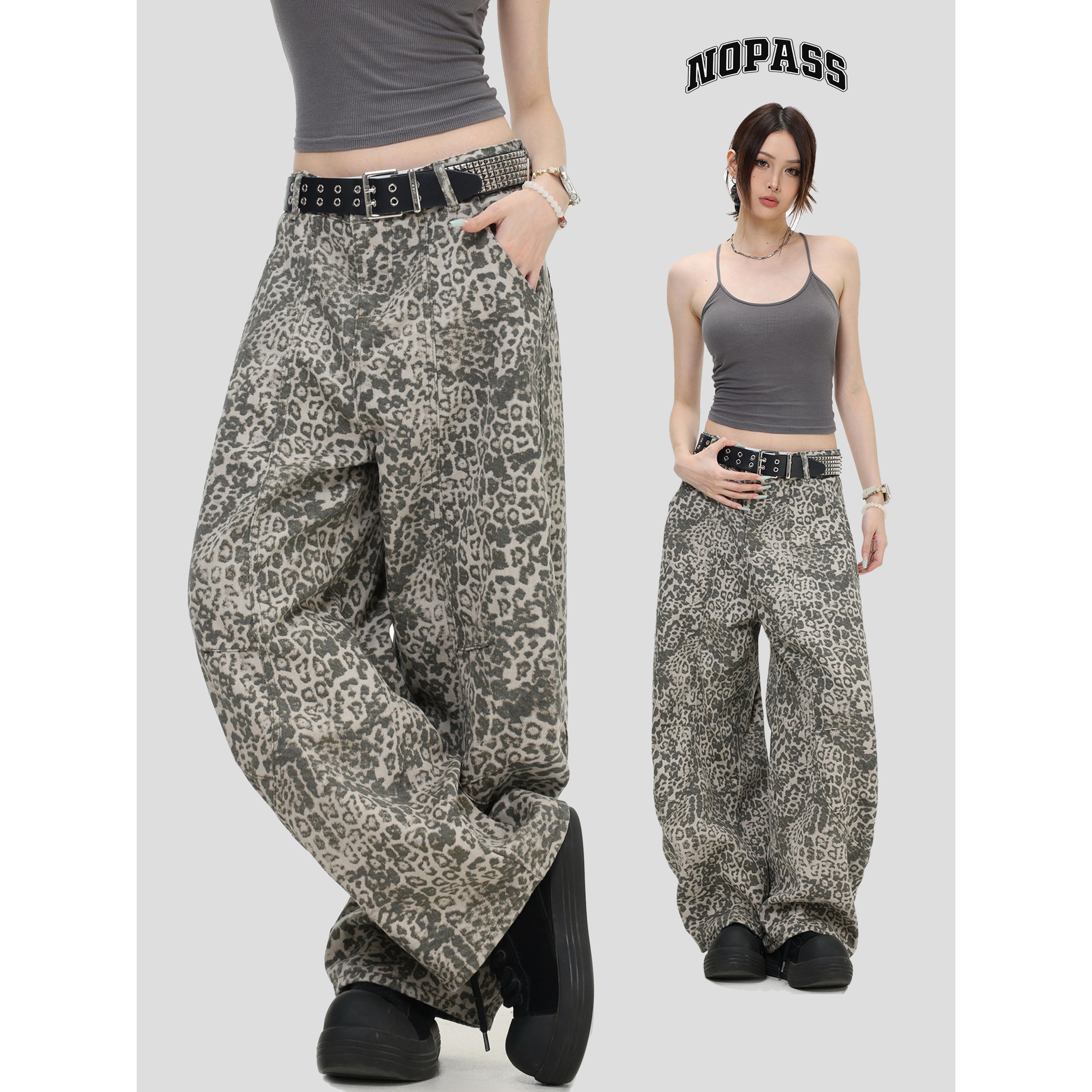 NOPASS灰豹纹微弯刀阔腿裤