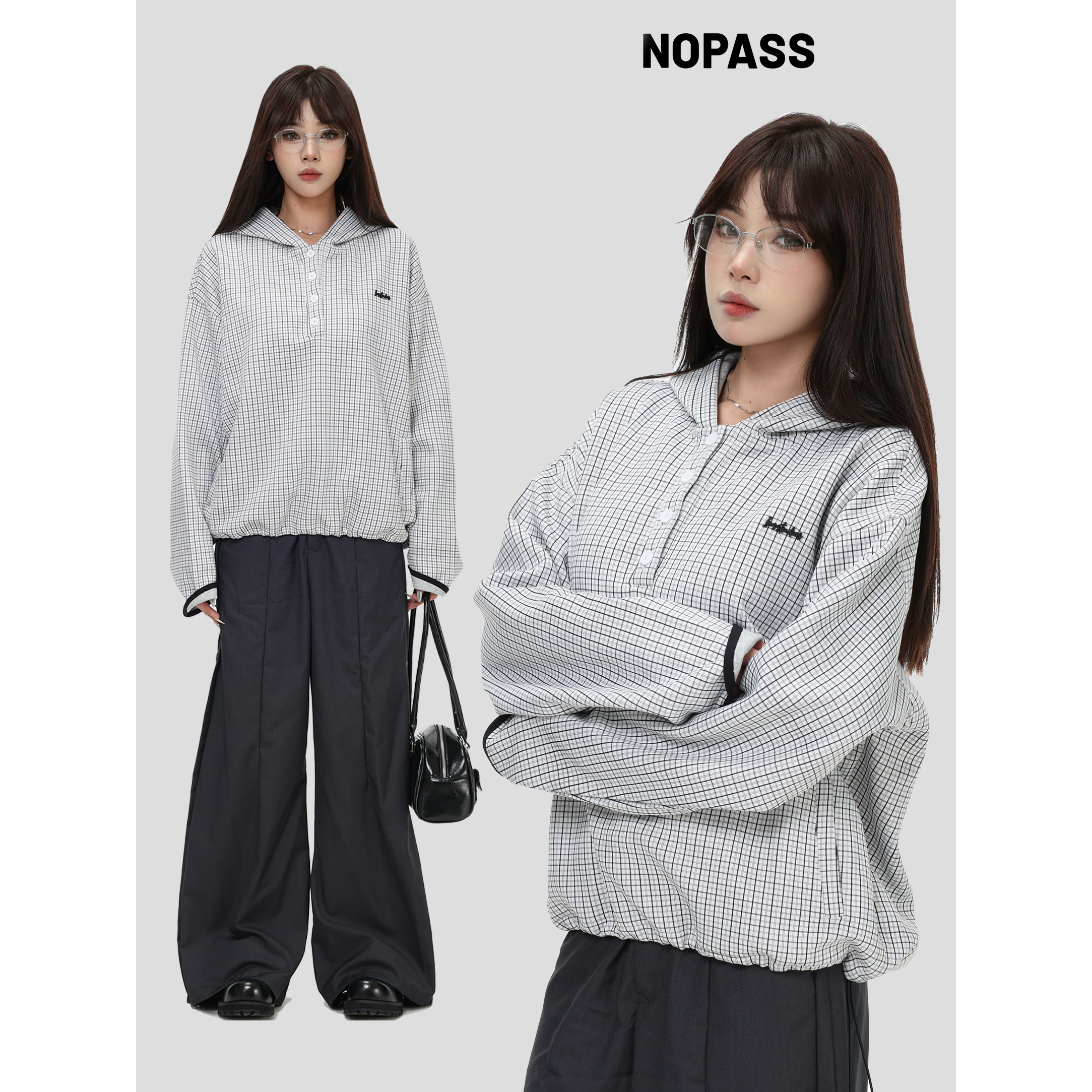 NOPASS亨利领连帽格子衬衫